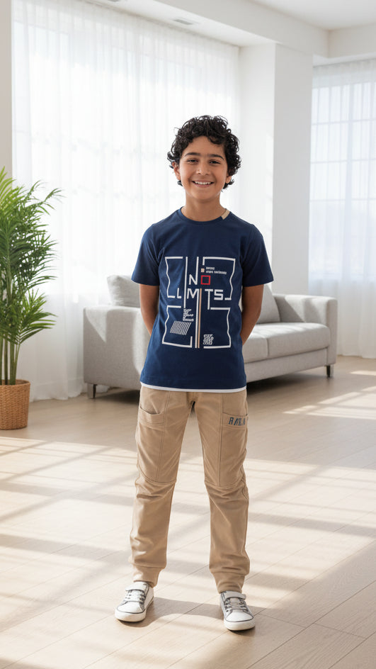 Child wearing a navy blue t-shirt with white graphics and beige pants, standing in a room with white curtains and a plant.